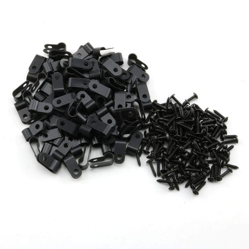heyous 100pcs 1/4 inch (6.4mm) R-Type Cable Clamp Nylon Wire Hose Tube Fastener Fixed Cable Tie Mount Organizer Holder R Type Cable Clip with Mounting Screw Black - Image 1
